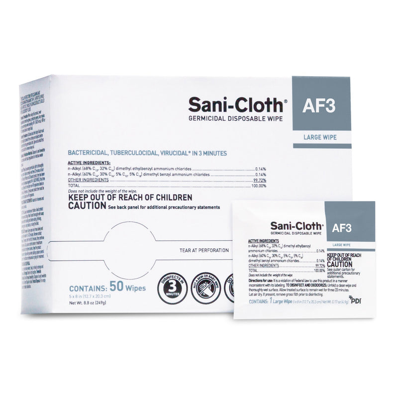 Sani-Cloth® AF3 Surface Disinfectant Cleaner Wipe, Large Individual Packet, 1 Box of 50 (Cleaners and Disinfectants) - Img 1