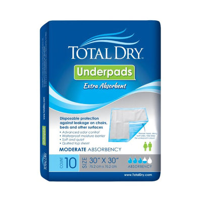 TotalDry Incontinence Underpads, Heavy Absorbency, Disposable, Blue, 30 X 30 Inch, 1 Bag of 10 (Underpads) - Img 1
