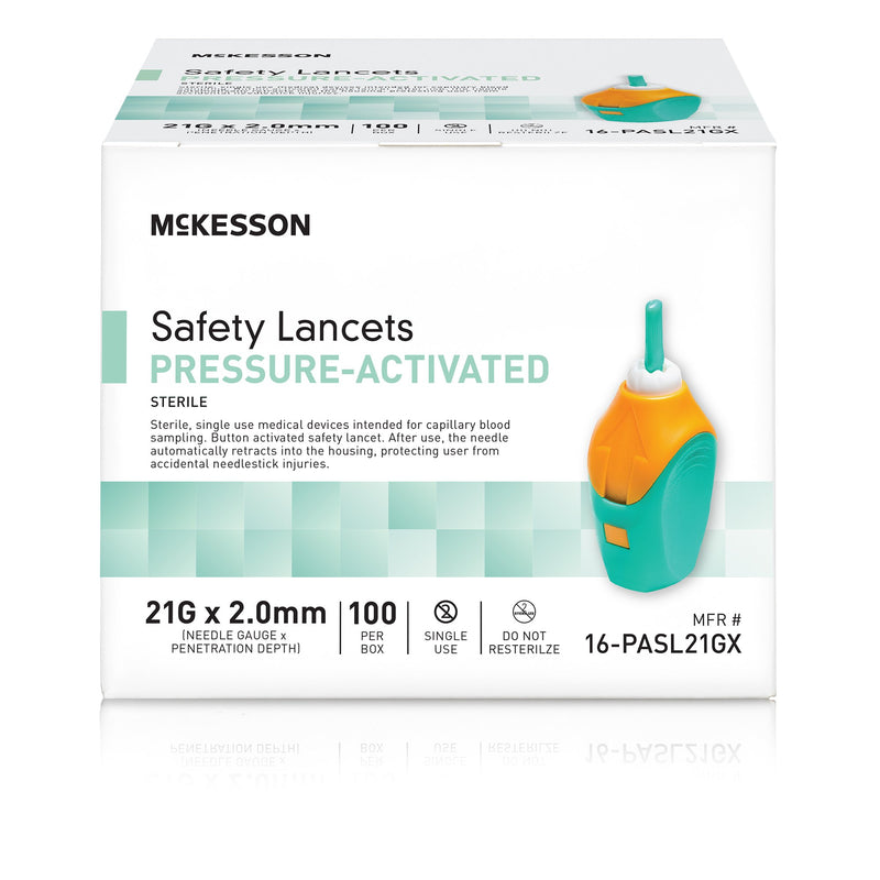 McKesson Pressure Activated Safety Lancets, 21 Gauge, Green, 1 Box of 100 (Diabetes Monitoring) - Img 1