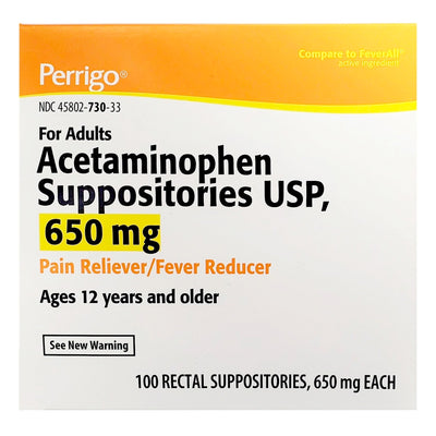 Perrigo Acetaminophen Pain Relief Rectal Suppositories, 1 Box of 100 (Over the Counter) - Img 1