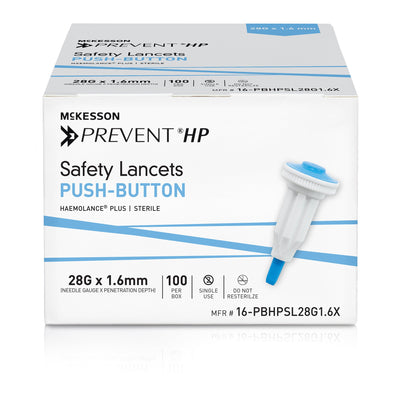 McKesson Prevent® HP Push Button Safety Lancet, 28 Gauge, 1 Case of 2000 (Diabetes Monitoring) - Img 1