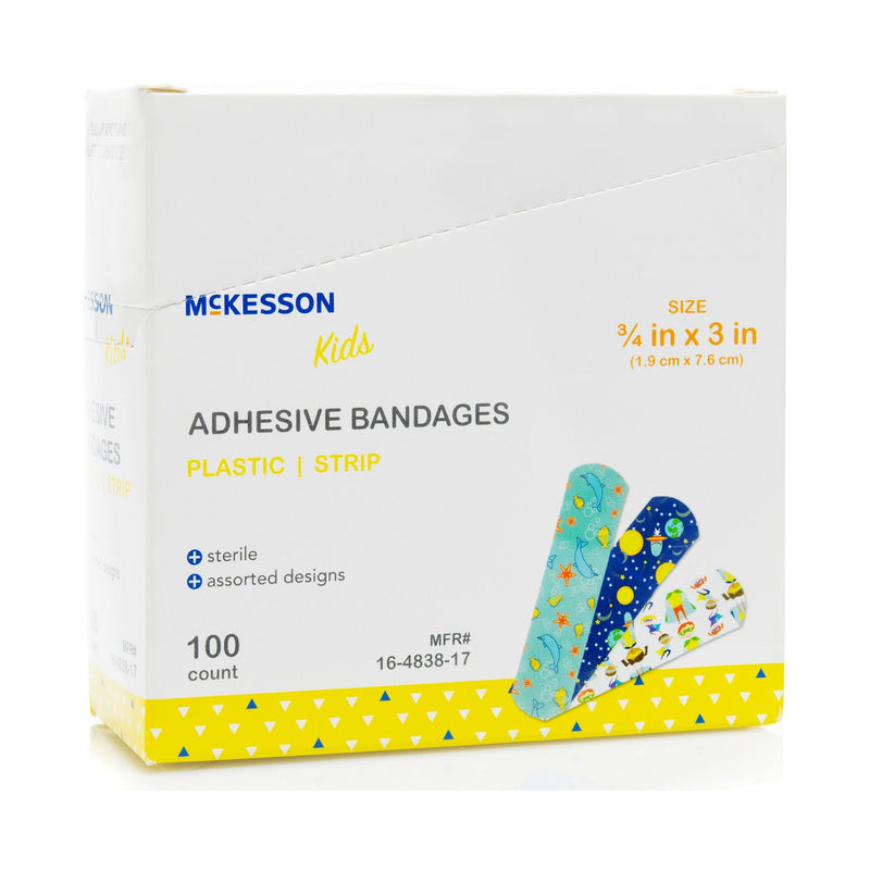 McKesson Kids™ Kid Design (Assorted Prints) Adhesive Strip, 3/4 x 3 Inch, 1 Box of 100 (General Wound Care) - Img 1