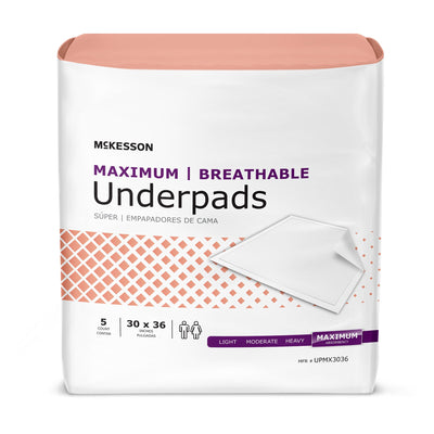 McKesson Ultimate Breathable Underpads, Maximum Protection, Heavy Absorbency, 30" x 36", White, 1 Bag of 5 (Underpads) - Img 1