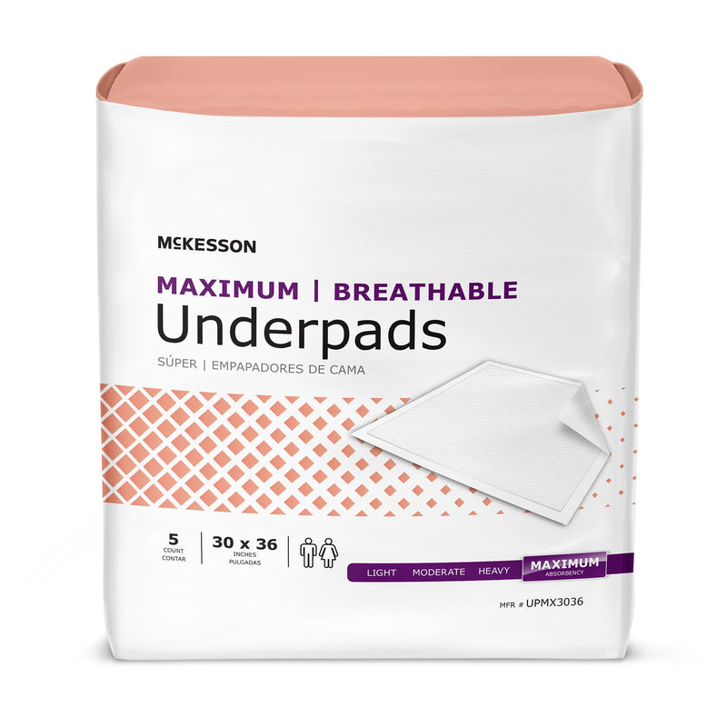 McKesson Ultimate Breathable Underpads, Maximum Protection, Heavy Absorbency, 30" x 36", White, 1 Bag of 5 (Underpads) - Img 1