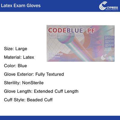 CodeBlue® PF Latex Extended Cuff Length Exam Glove, Large, Blue, 1 Box () - Img 2