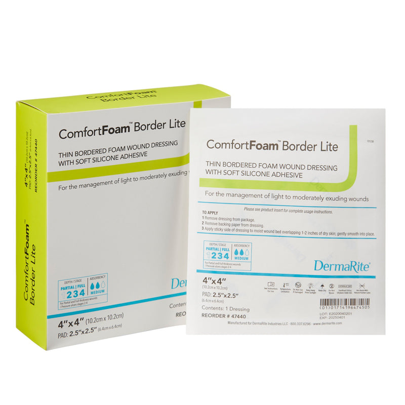 ComfortFoam™ Border Lite Silicone Adhesive with Border Thin Silicone Foam Dressing, 4 x 4 Inch, 1 Box of 10 (Advanced Wound Care) - Img 1