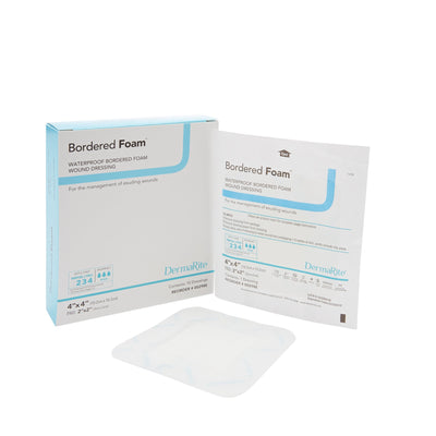 DermaRite Foam Dressing, Bordered Foam, Square Adhesive with Border, Sterile, 1 Box of 10 (Advanced Wound Care) - Img 1