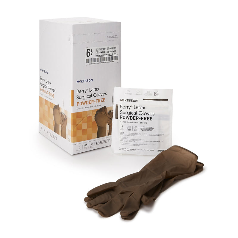 McKesson Perry® Latex Surgical Glove, Size 6.5, Brown, 1 Box of 50 () - Img 1