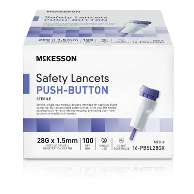 McKesson Push Button Safety Lancet, 28 Gauge, 1 Box of 100 (Diabetes Monitoring) - Img 1