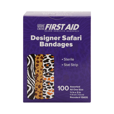 American® White Cross Stat Strip® Designer Safari Adhesive Strip, ¾ x 3 Inch, 1 Box of 100 (General Wound Care) - Img 2