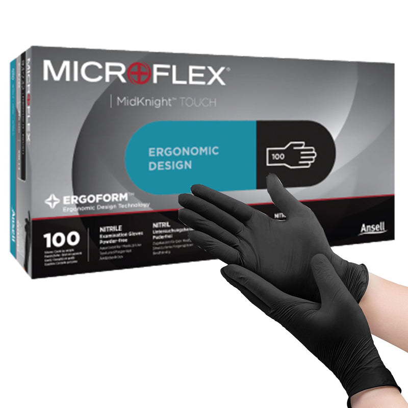 Microflex® MidKnight™ Touch 93-734 Nitrile Exam Glove, Medium, Black, 1 Box of 100 () - Img 1