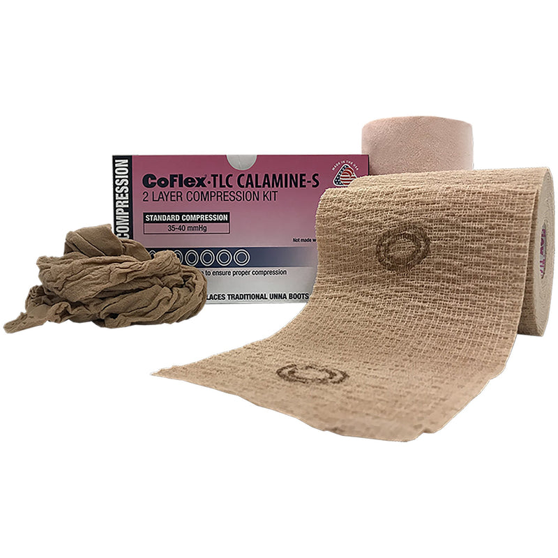 CoFlex® TLC Calamine with Indicators Self-adherent / Pull On Closure 2 Layer Compression Bandage System, 4 Inch x 6 Yard / 4 Inch x 7 Yard, 1 Case of 16 (General Wound Care) - Img 1