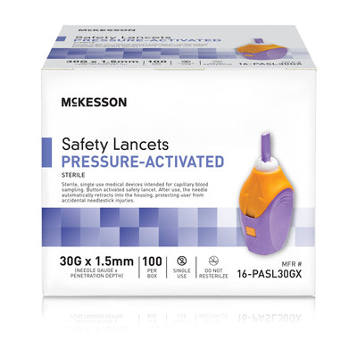 McKesson Pressure Activated Safety Lancets, 30 Gauge, Purple, 1 Box of 100 (Diabetes Monitoring) - Img 1
