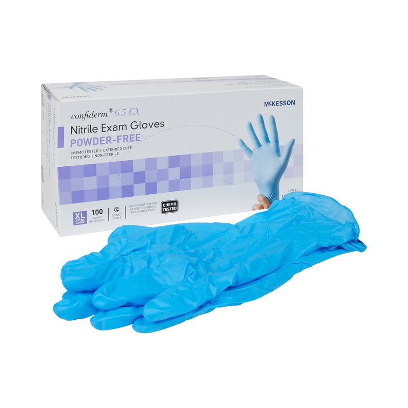 McKesson Confiderm® 6.5CX Extended Cuff Nitrile Extended Cuff Length Exam Glove, Extra Large, Blue, 1 Box of 100 () - Img 1