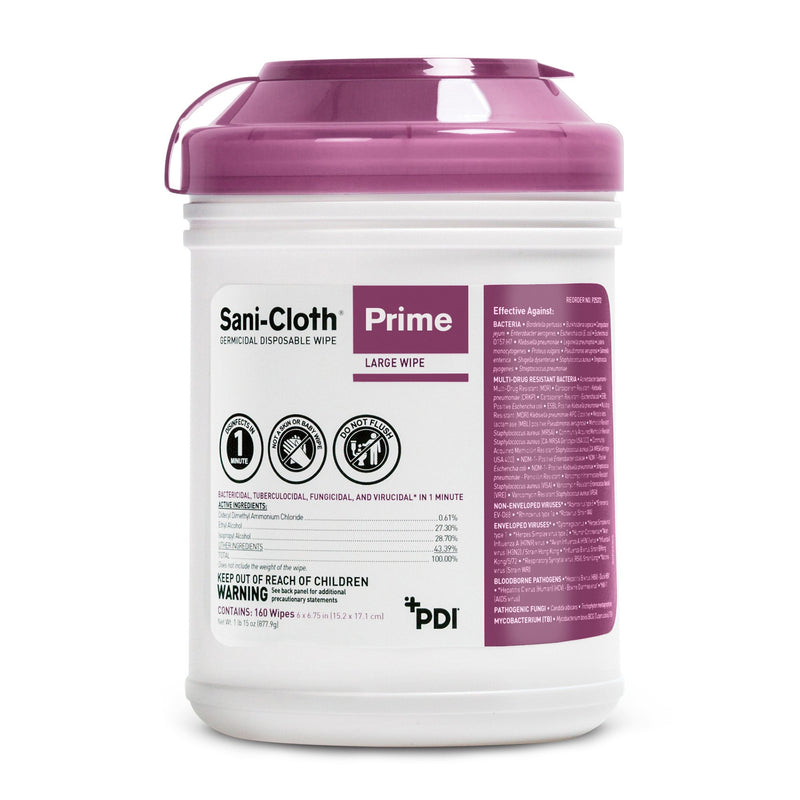 Sani-Cloth Prime Surface Disinfectant Cleaner Pre-moistened Germicidal Wipe, Non-Sterile Canister, Disposable, 1 Canister of 160 (Cleaners and Disinfectants) - Img 1