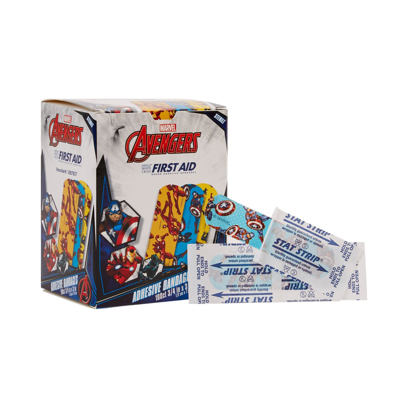 American® White Cross Stat Strip® Kid Design (Black Panther / Captain America / Iron Man) Adhesive Strip, 3/4 x 3 Inch, 1 Box of 100 (General Wound Care) - Img 1