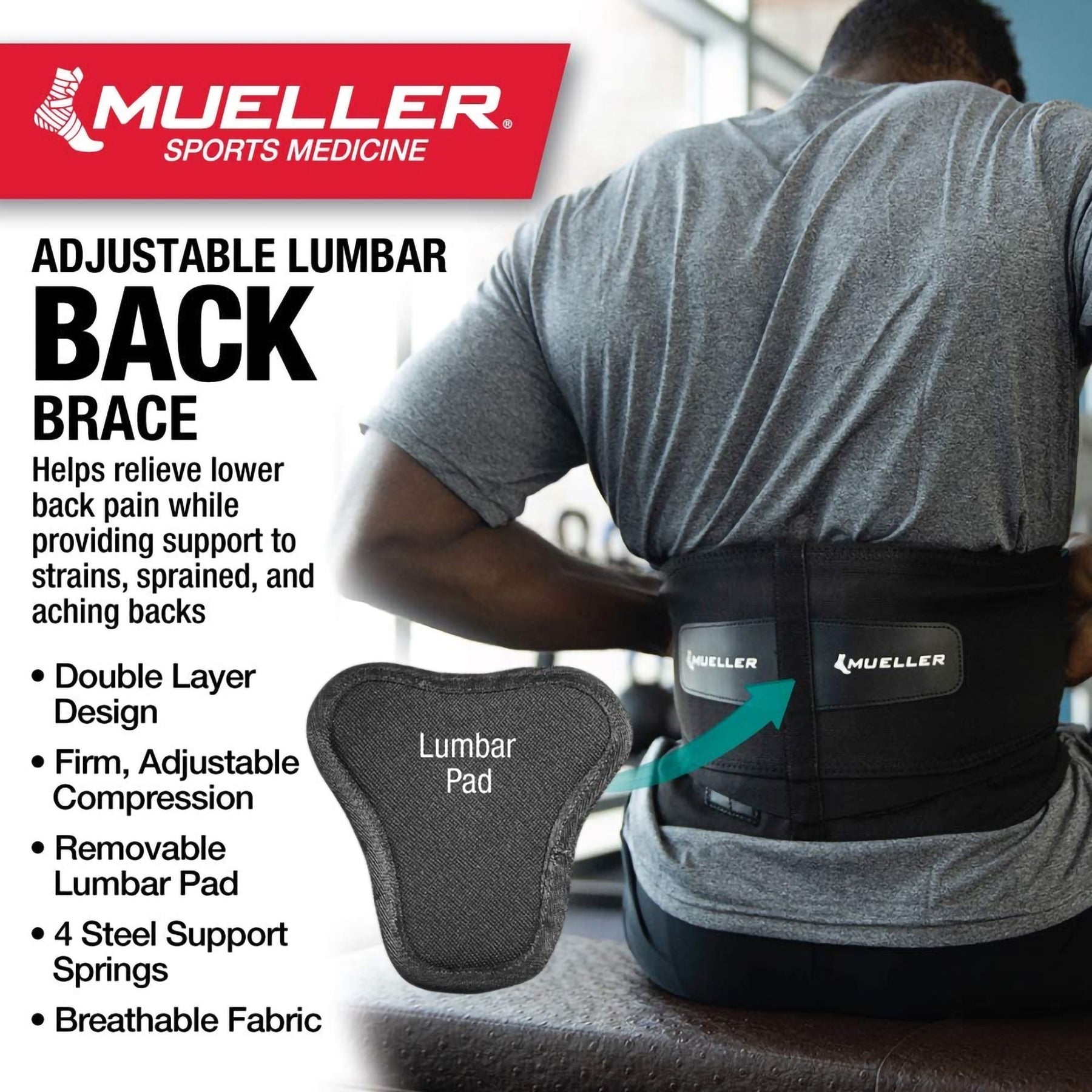 Mueller Adjustable Lumbar Back Brace with Removable Pad