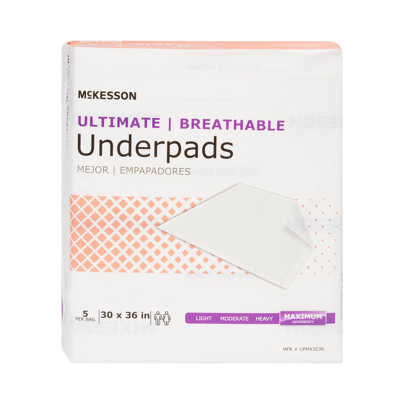 McKesson Ultimate Breathable Underpads, Maximum Protection, Heavy Absorbency, 30" x 36", White, 1 Bag of 5 (Underpads) - Img 6