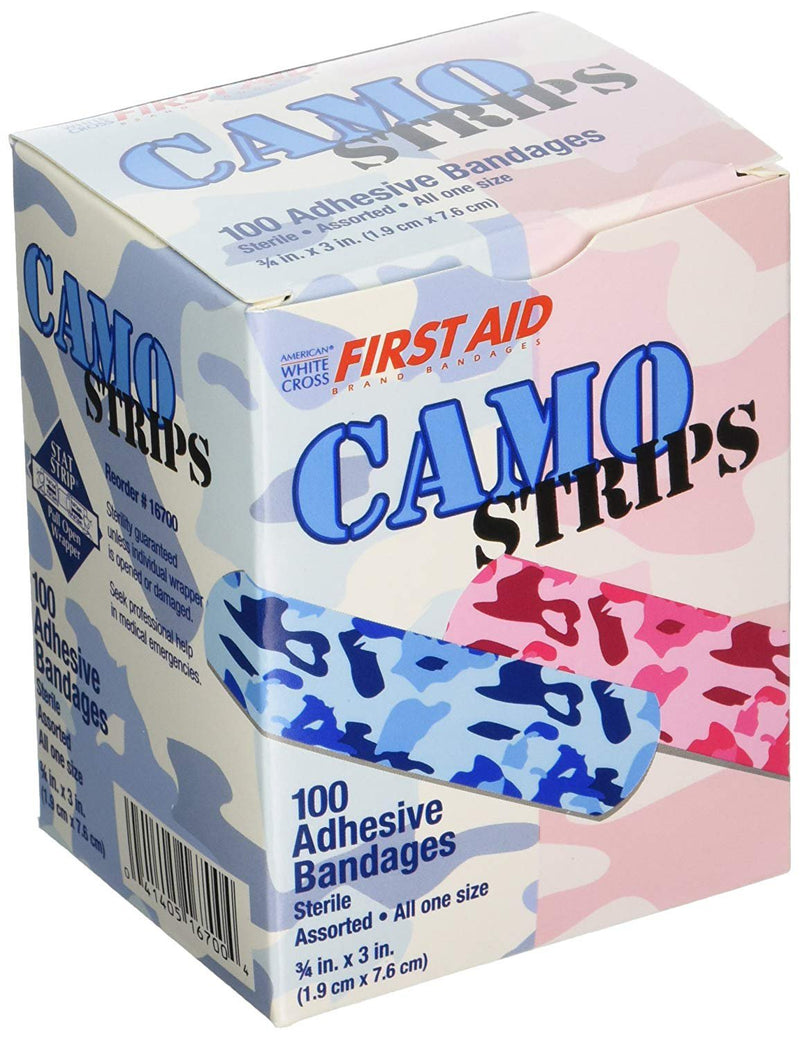 American® White Cross Stat Strip® Kid Design (Blue / Pink Camo) Adhesive Strip, 3/4 x 3 Inch, 1 Case of 1200 (General Wound Care) - Img 1